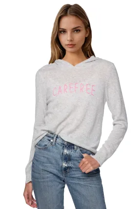 100% Cashmere Hoodie Sweater in Lt Grey with "CAREFREE" Embroidery Stitch