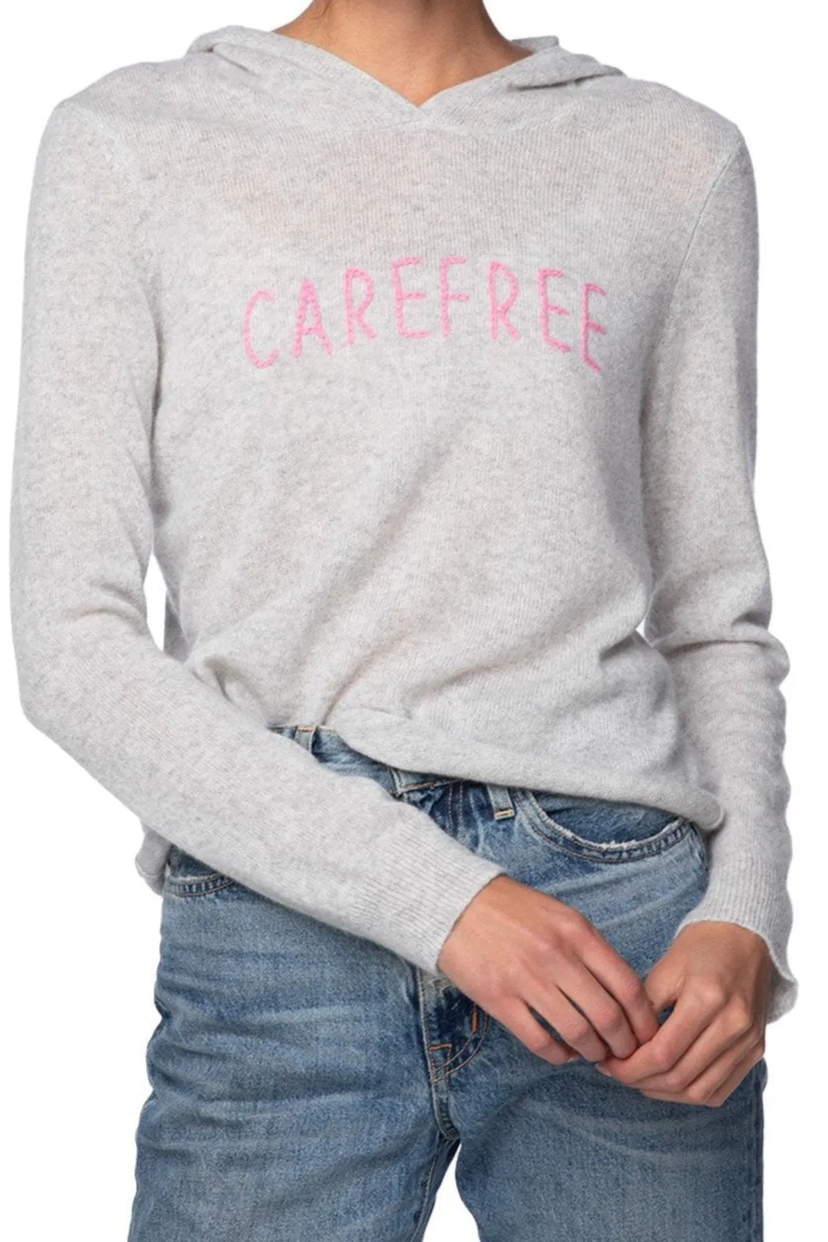 100% Cashmere Hoodie Sweater in Lt Grey with "CAREFREE" Embroidery Stitch