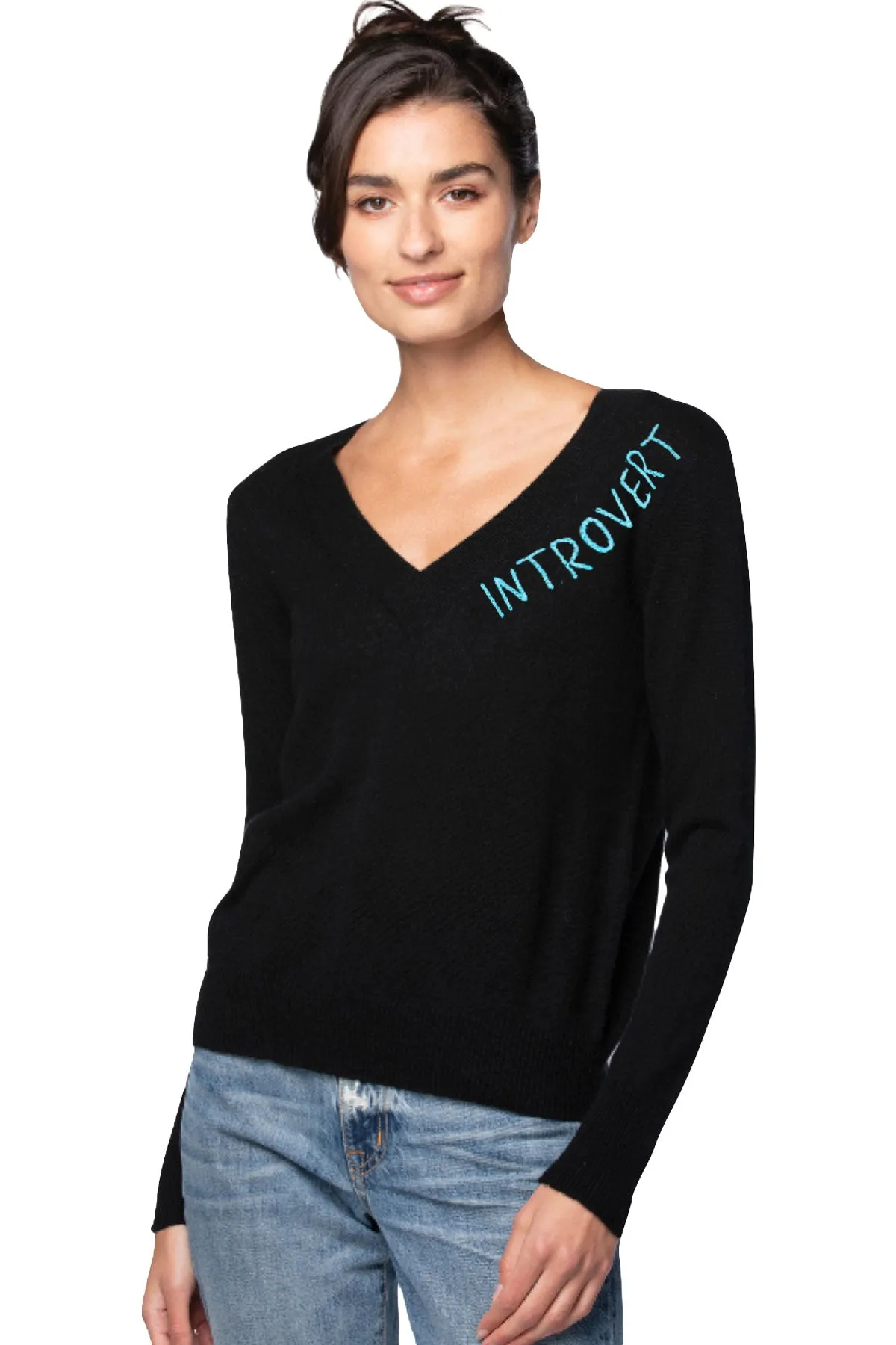 100% Cashmere V-Neck Sweater |  Extrovert, Introvert or Omnivert Embroidery