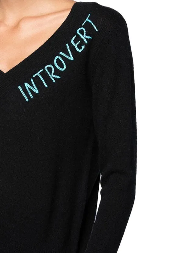 100% Cashmere V-Neck Sweater |  Extrovert, Introvert or Omnivert Embroidery