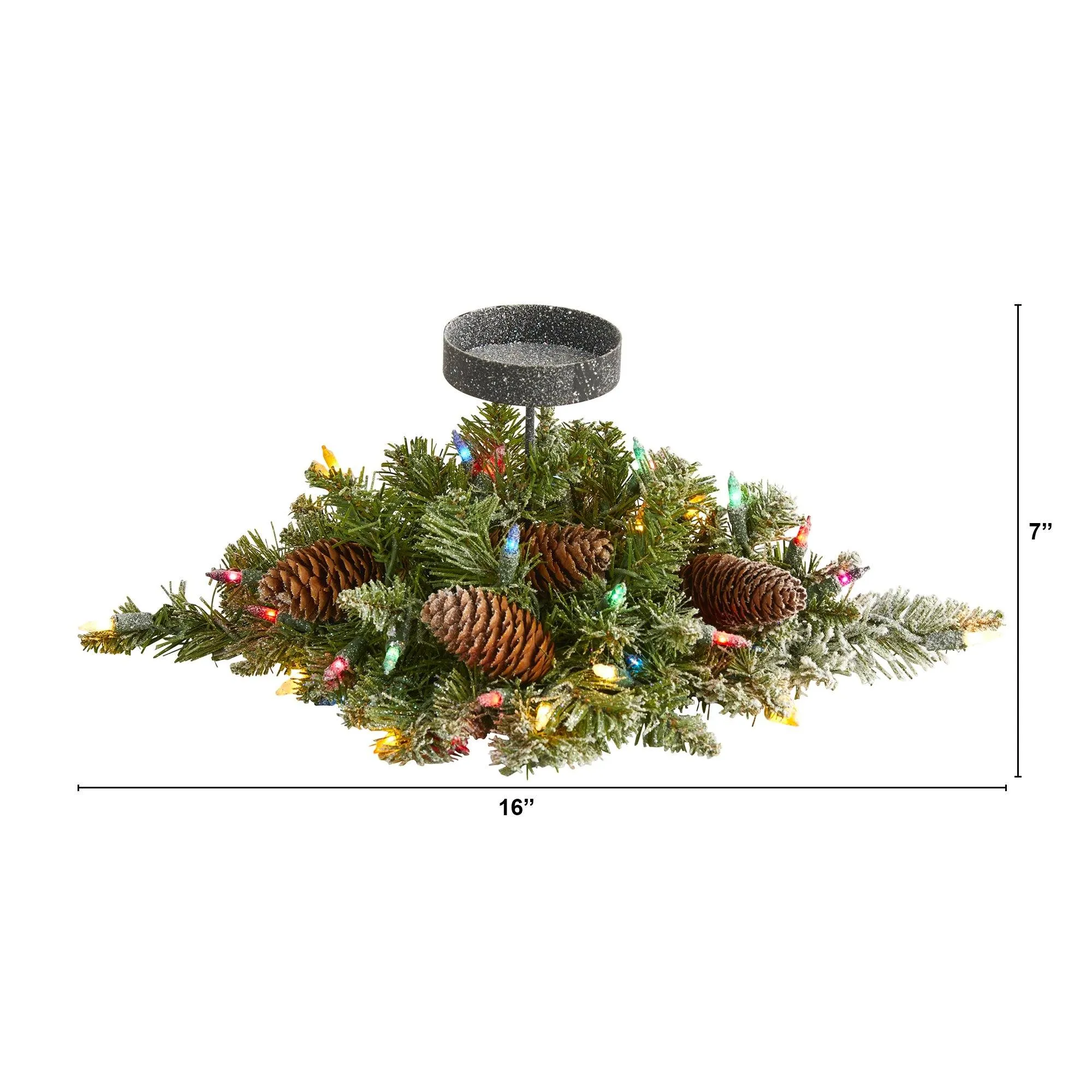 16” Flocked Artificial Christmas Pine Candelabrum with 35 Multicolored Lights and Pine Cones