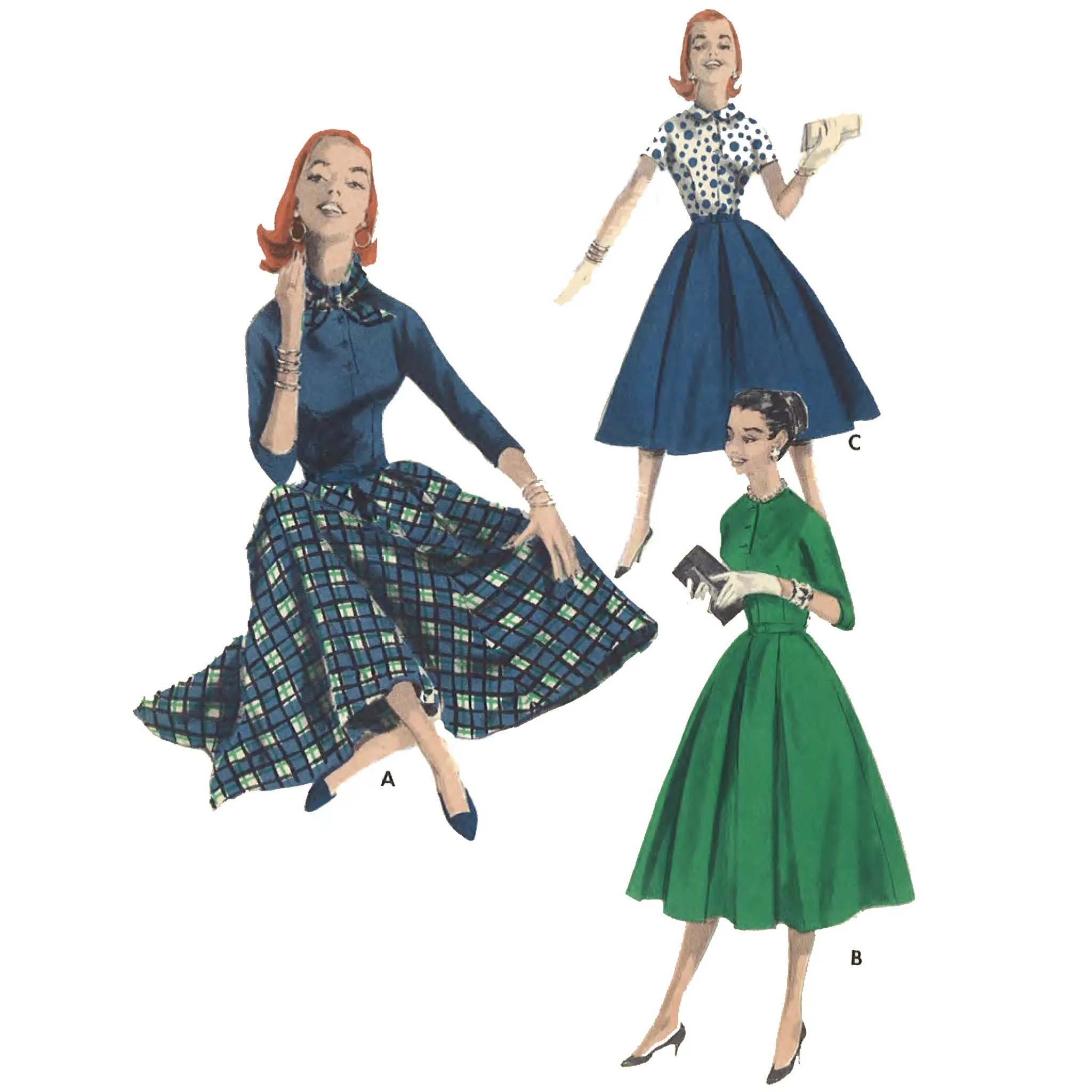 1950s Pattern, Co-ordinates. Circle Skirt, Blouse, Scarf - Bust 32" (81cm), Waist 25" (64cm), Hip 34" (86cm)