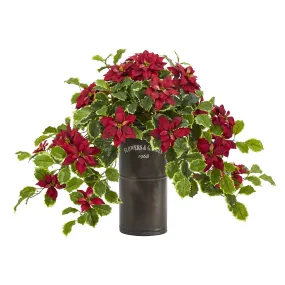 21" Artificial Poinsettia & Variegated Holly Flower w/Pot - Low Maintenance, Life-Like & Vibrant Silk Flowers For Busy People.