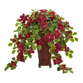 25” Poinsettia and Variegated Holly Artificial Plant in Planter (Real Touch)