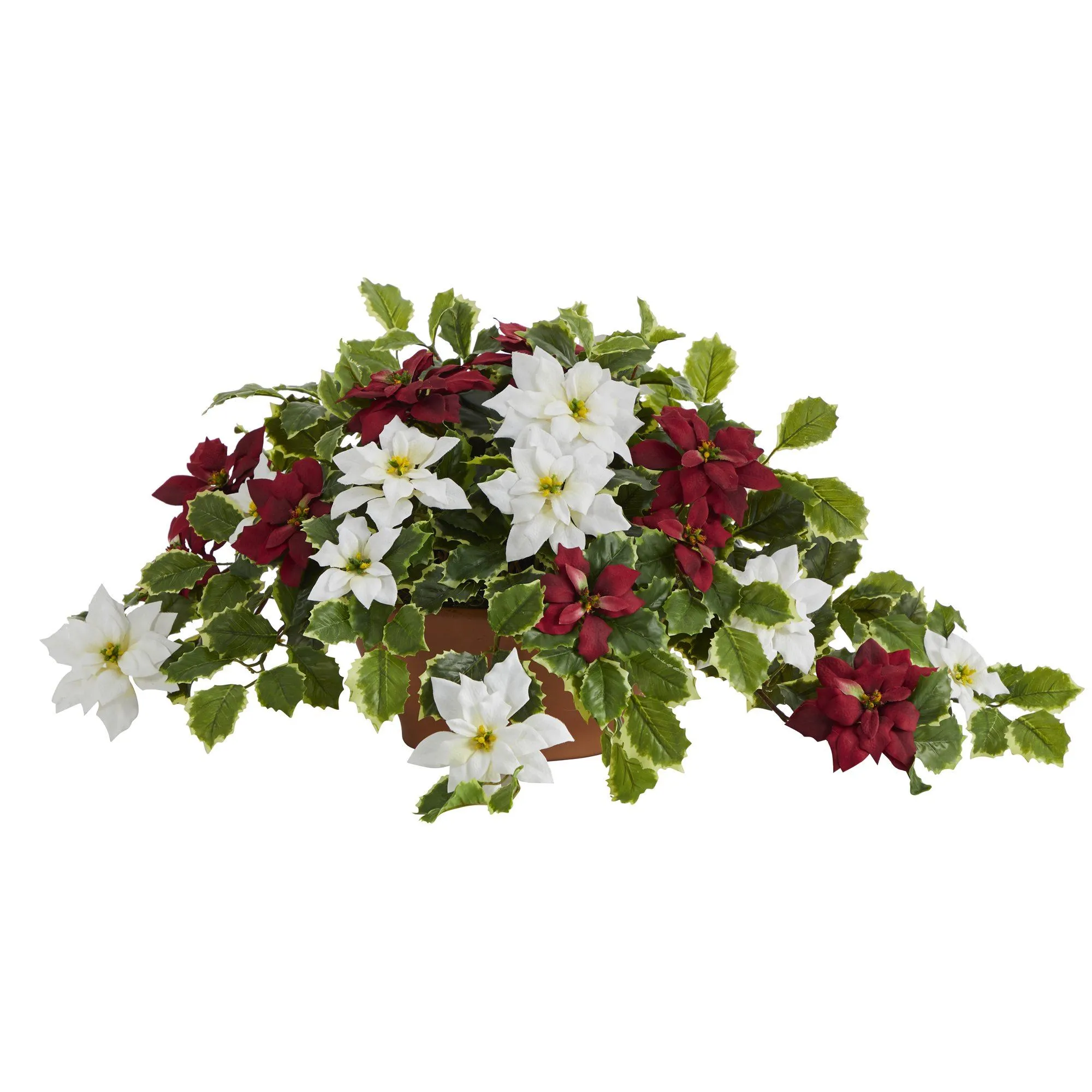 26” Poinsettia and Variegated Holly Artificial Plant in Terra-Cotta Planter (Real Touch)