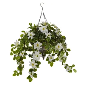 36" Artificial Poinsettia & Variegated Holly Plant in Hanging Bowl (Real Touch) - Low Maintenance, Life-Like & Vibrant Silk Flowers For Busy People.