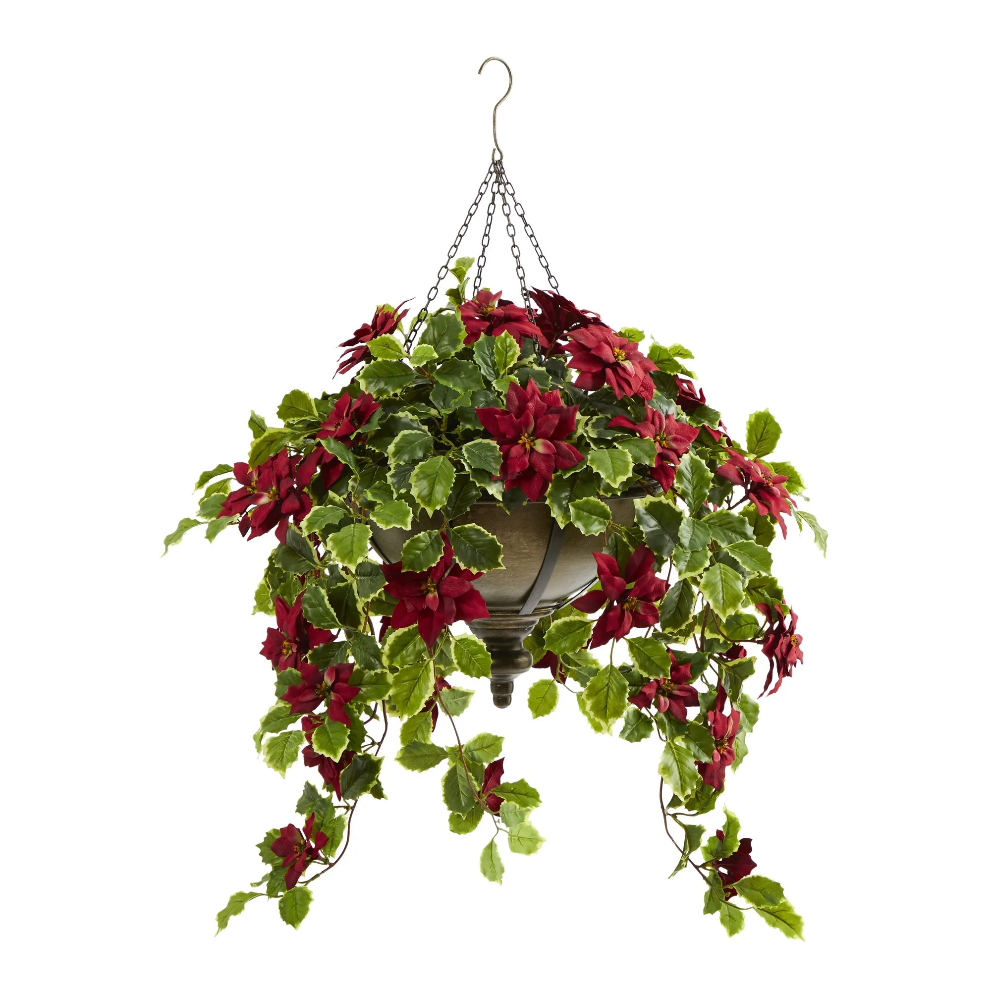 36" Artificial Poinsettia & Variegated Holly Plant in Hanging Bowl (Real Touch) - Low Maintenance, Life-Like & Vibrant Silk Flowers For Busy People.