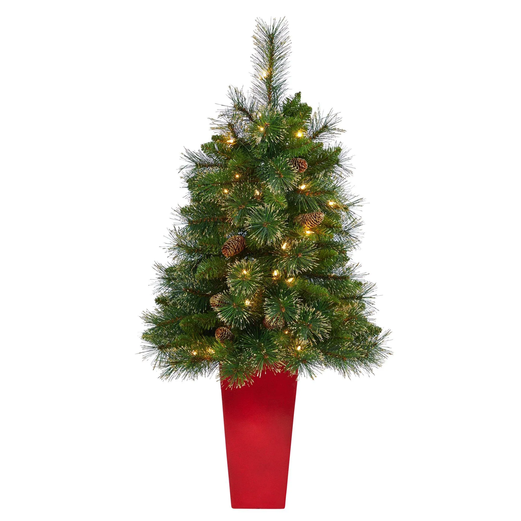 44” Golden Tip Washington Pine Artificial Christmas Tree with 50 Clear Lights, Pine Cones and 148 Bendable Branches in Red Tower Planter