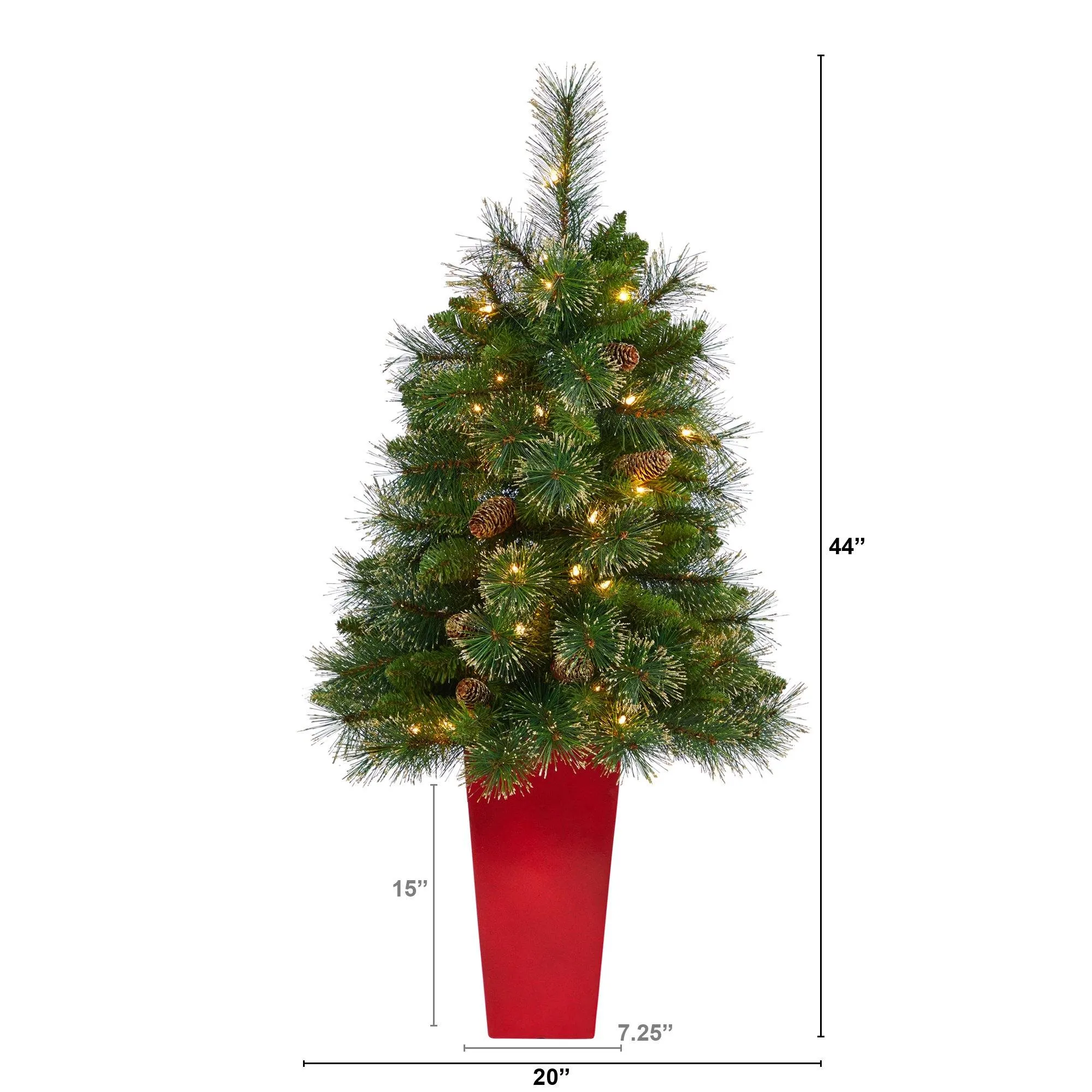 44” Golden Tip Washington Pine Artificial Christmas Tree with 50 Clear Lights, Pine Cones and 148 Bendable Branches in Red Tower Planter