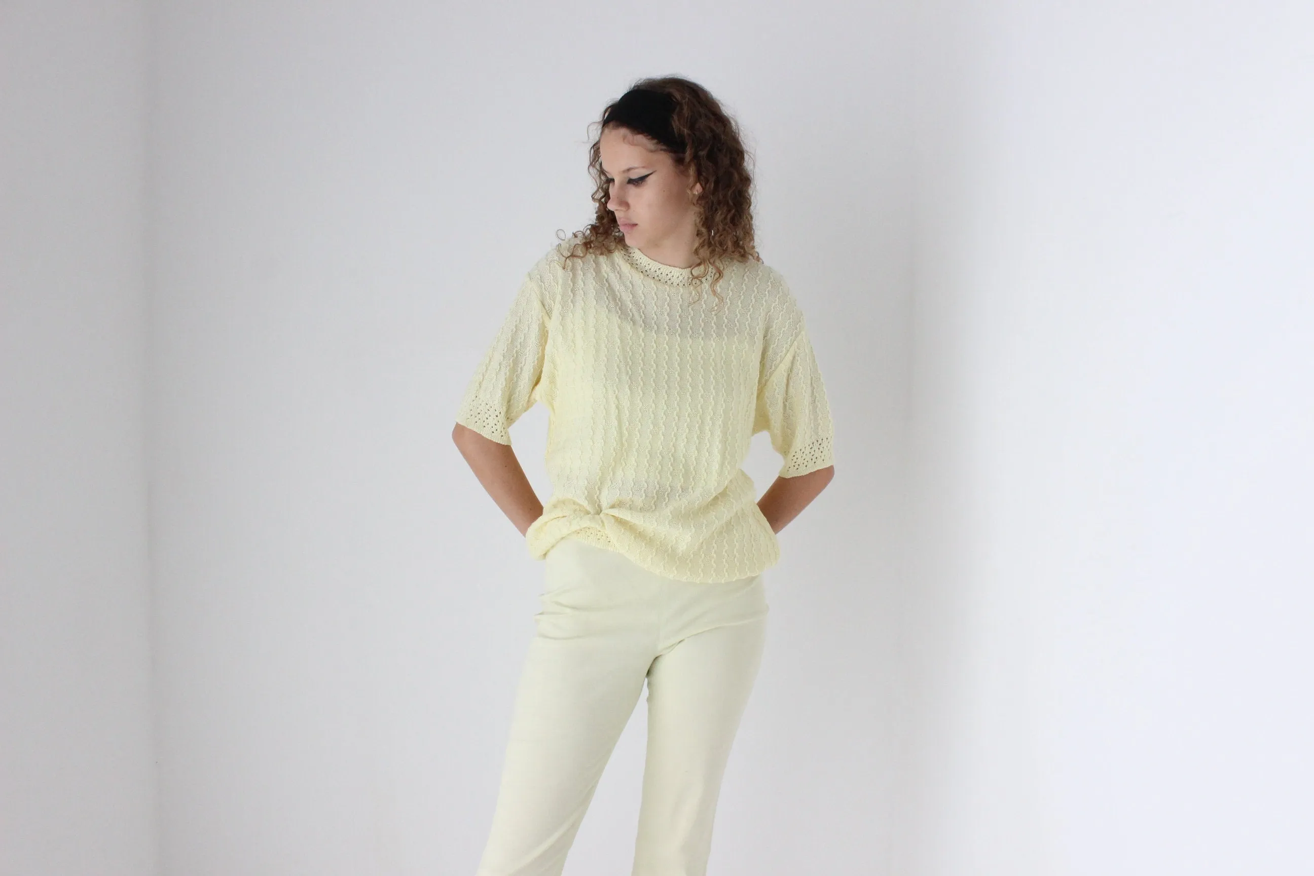 80s Pastel Lemon Yellow Knit Slouch Tee