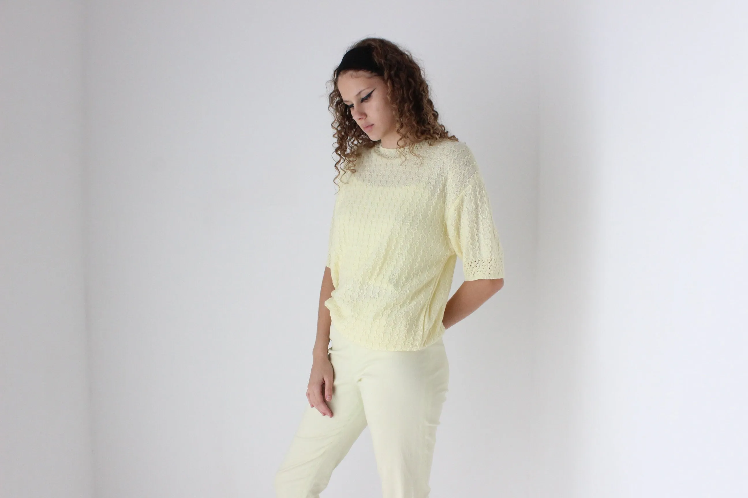 80s Pastel Lemon Yellow Knit Slouch Tee