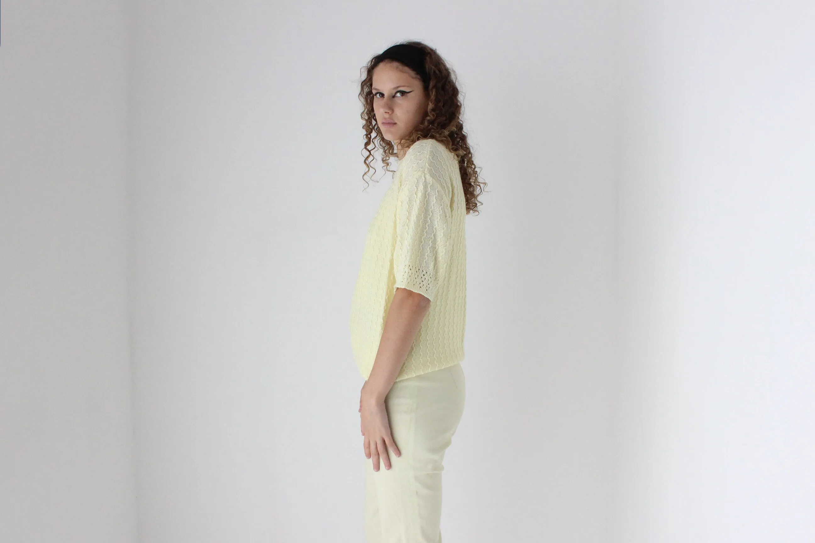 80s Pastel Lemon Yellow Knit Slouch Tee