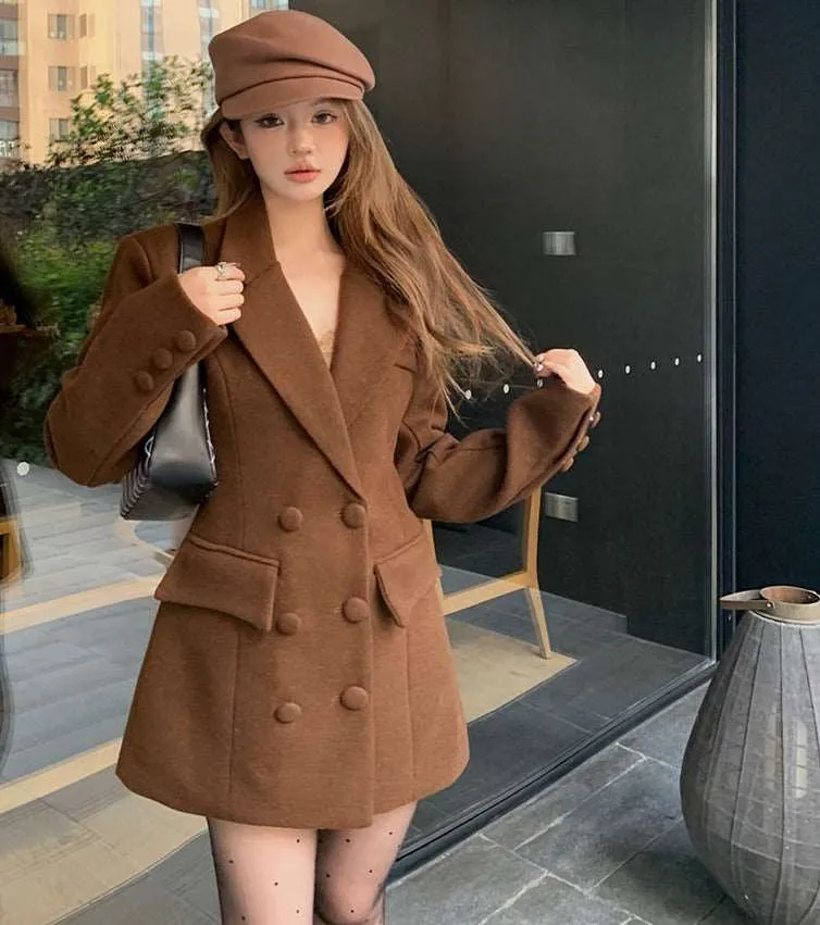 Autumn Winter Brown Black Woolen Waisted Blazer Coat