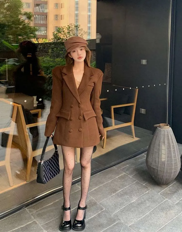 Autumn Winter Brown Black Woolen Waisted Blazer Coat