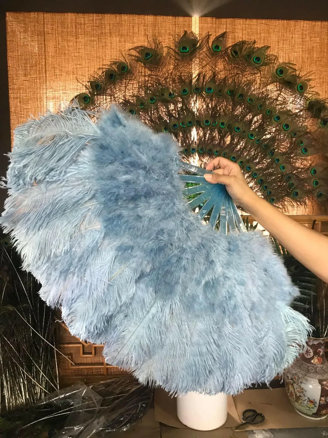 baby blue Marabou Ostrich Feather fan 21"x 38"