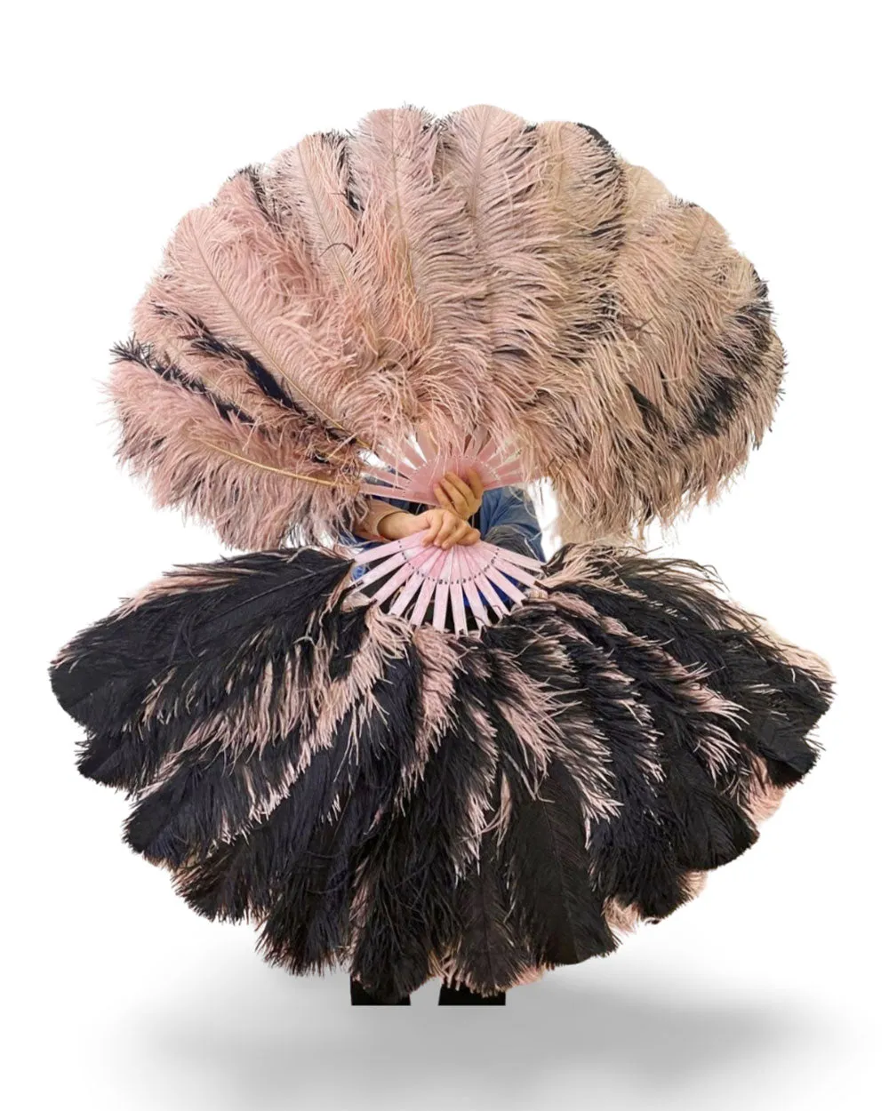 black & beige wood Single layer Double side Ostrich Feather Fan 25"x 47"