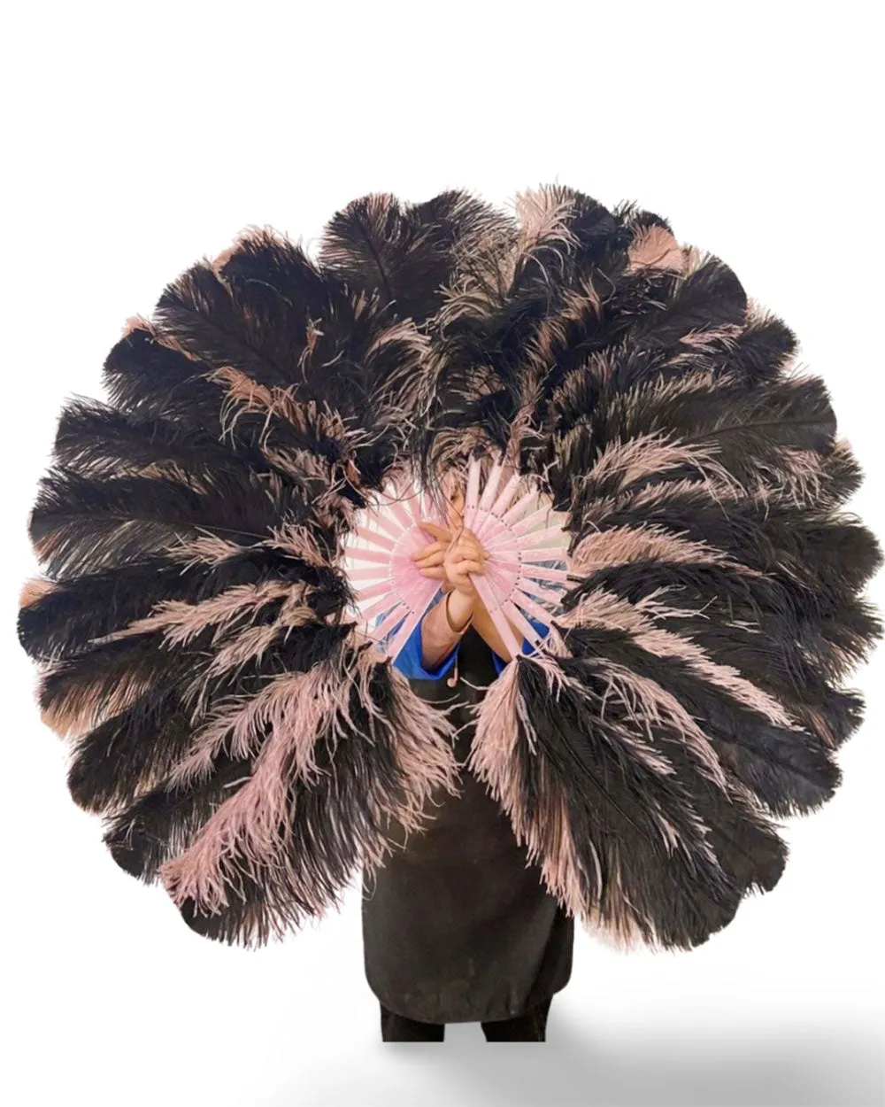 black & beige wood Single layer Double side Ostrich Feather Fan 25"x 47"