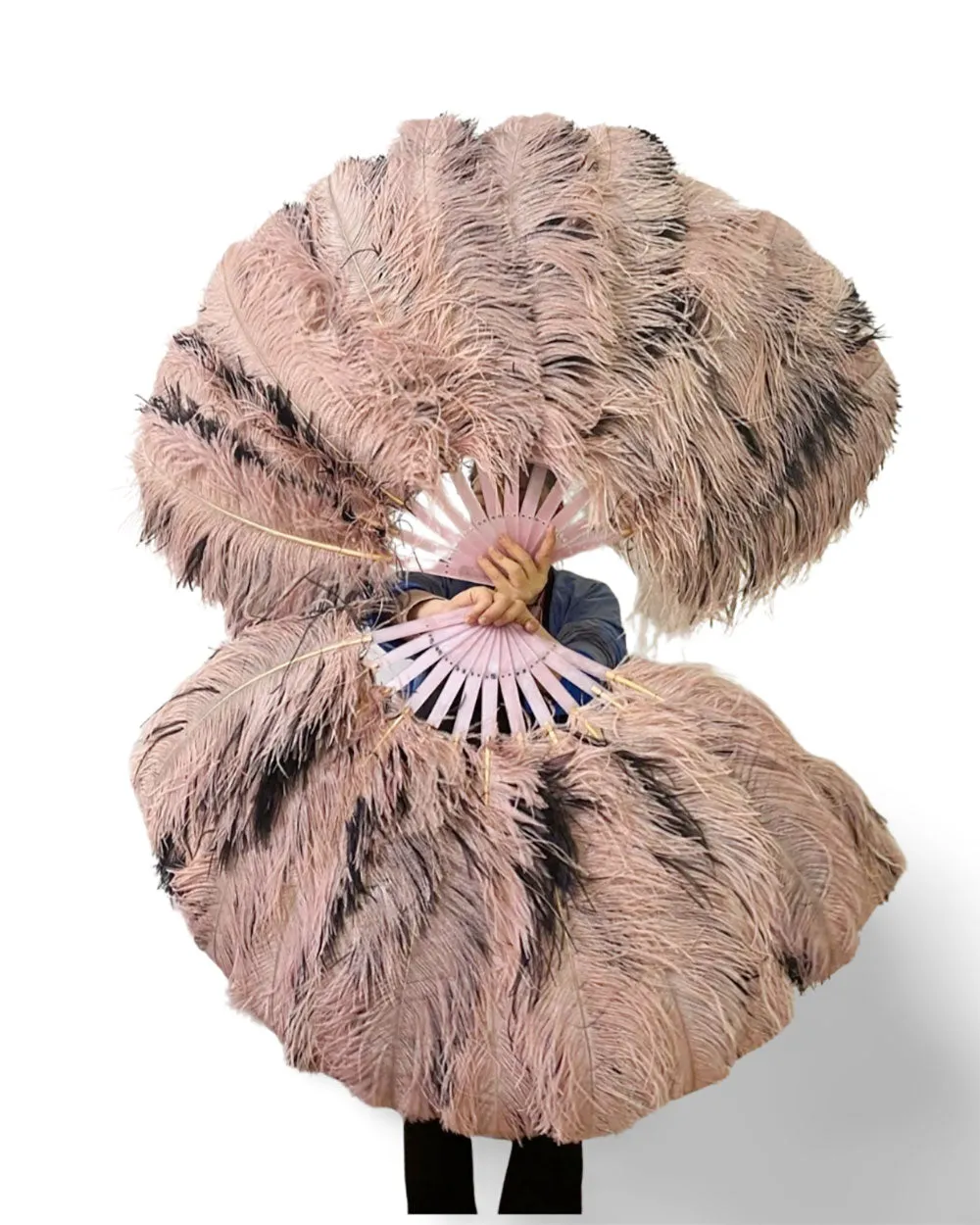 black & beige wood Single layer Double side Ostrich Feather Fan 25"x 47"