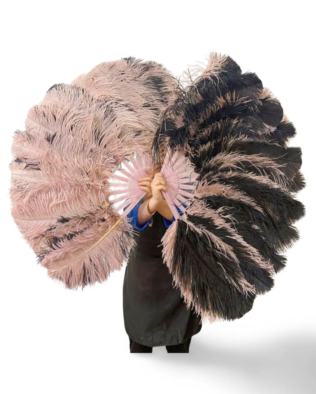 black & beige wood Single layer Double side Ostrich Feather Fan 25"x 47"