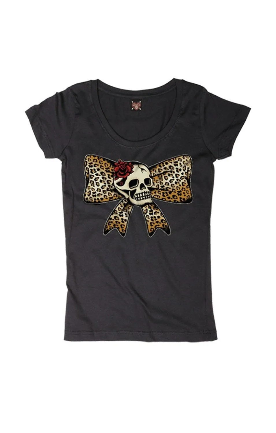 Black Lucky 13 Leopard Bow Skull Scoop Neckline T-shirt