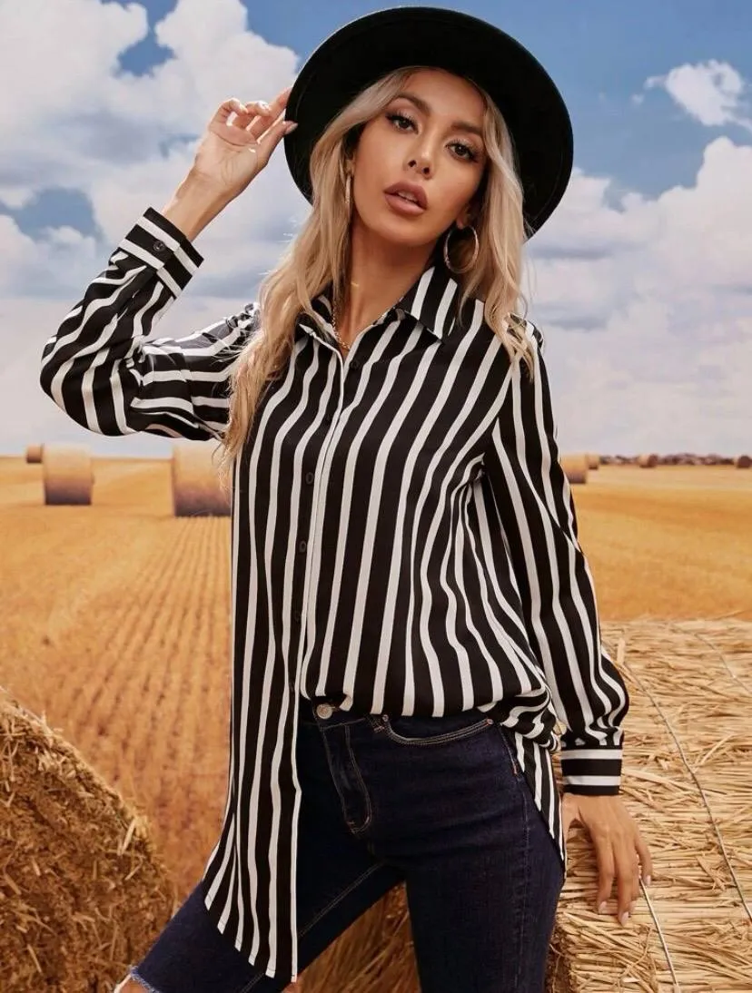 Black Stripe Oversize Button Up Shirts