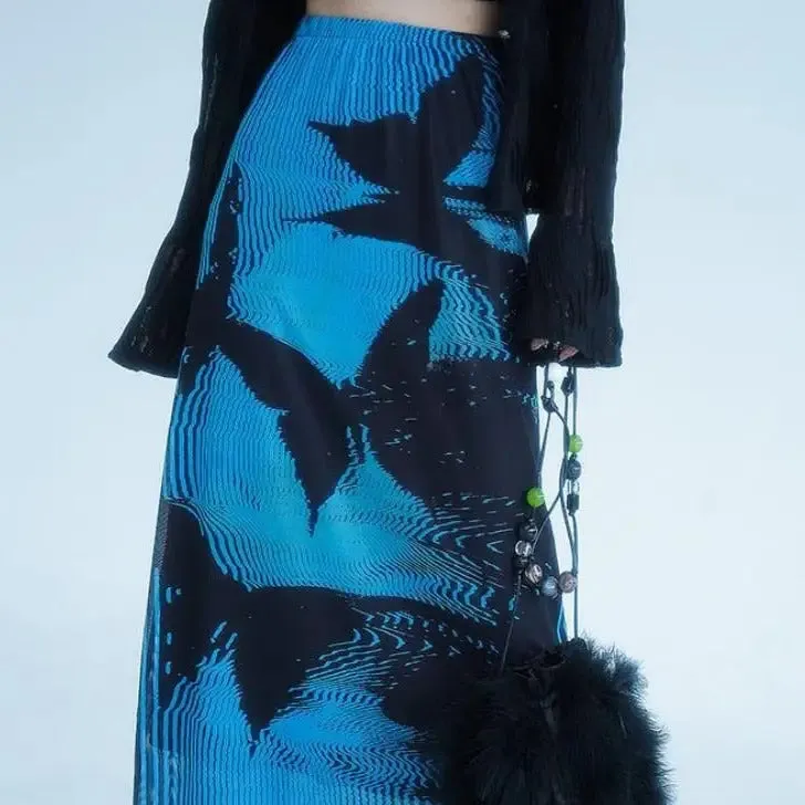 Blue Black Butterfly High Waist Skirt