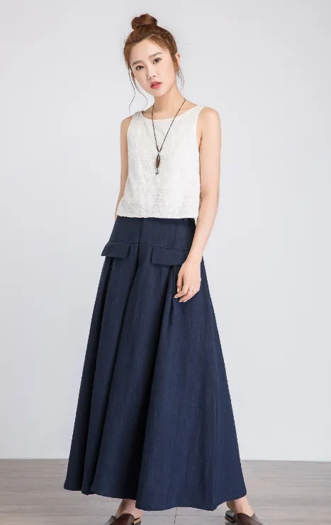 blue long skirt, linen skirt, elastic waist skirts, womens linen skirt, pleated skirt 1922#