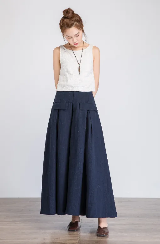 blue long skirt, linen skirt, elastic waist skirts, womens linen skirt, pleated skirt 1922#