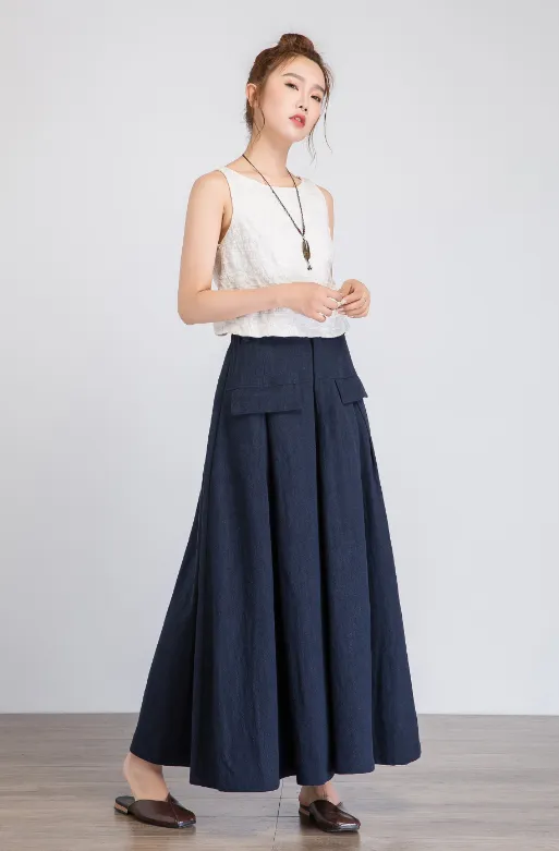 blue long skirt, linen skirt, elastic waist skirts, womens linen skirt, pleated skirt 1922#