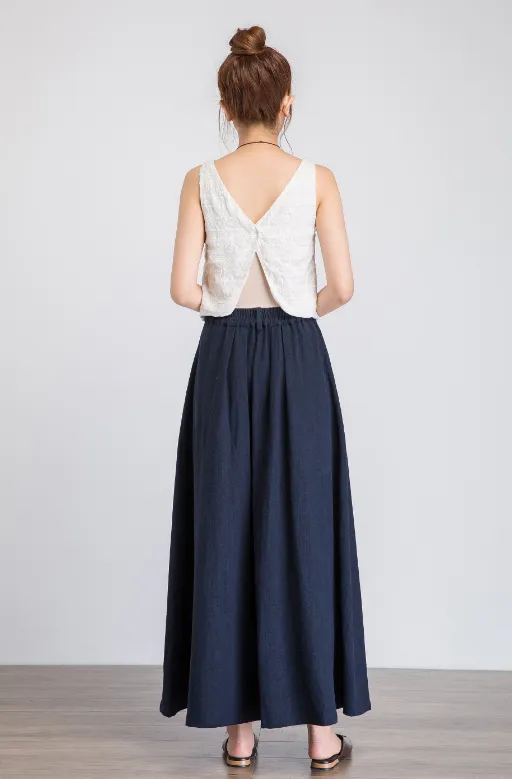 blue long skirt, linen skirt, elastic waist skirts, womens linen skirt, pleated skirt 1922#