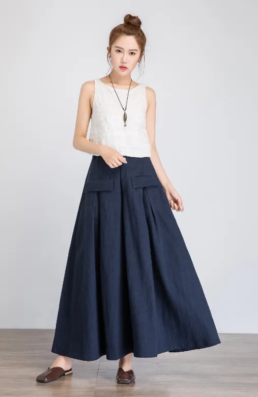 blue long skirt, linen skirt, elastic waist skirts, womens linen skirt, pleated skirt 1922#