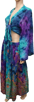 Bohemian Blue & Purple Tie Dye 2 Piece Crop Top & Maxi Skirt Set