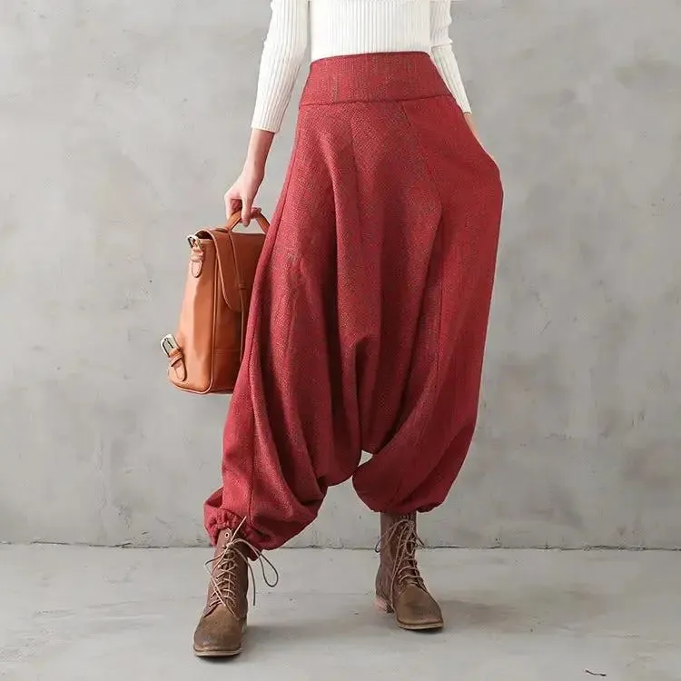 Bohemian Red Linen High Waisted Drop Baggy Harem Pants