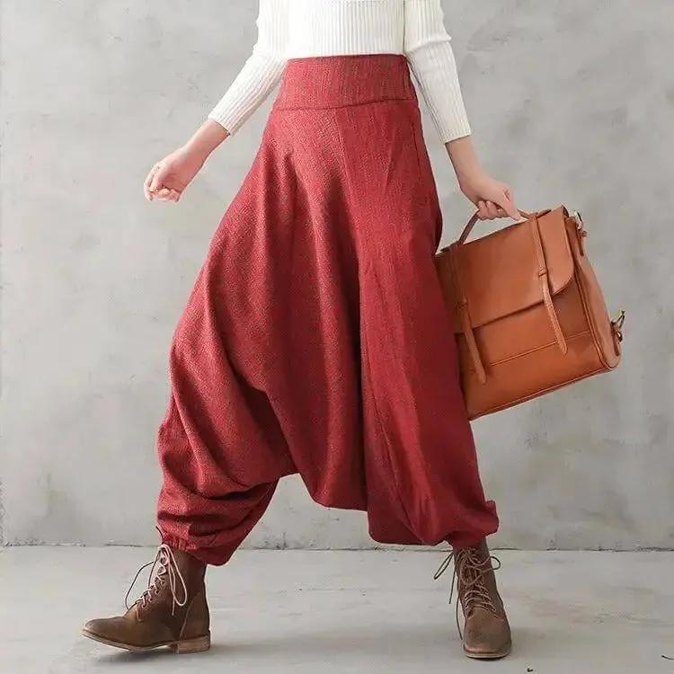 Bohemian Red Linen High Waisted Drop Baggy Harem Pants