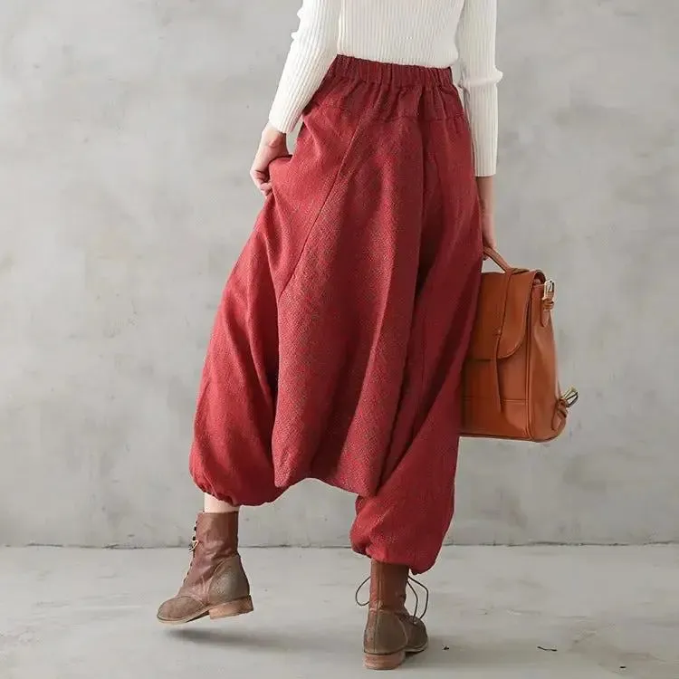 Bohemian Red Linen High Waisted Drop Baggy Harem Pants