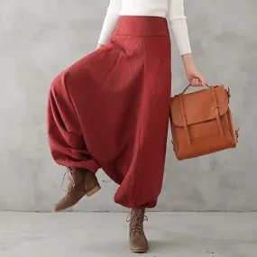 Bohemian Red Linen High Waisted Drop Baggy Harem Pants