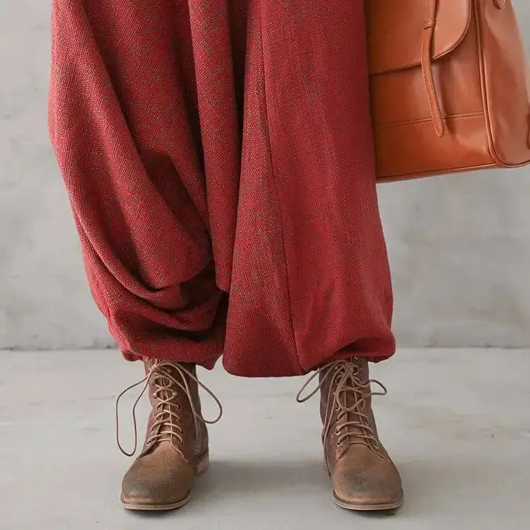 Bohemian Red Linen High Waisted Drop Baggy Harem Pants