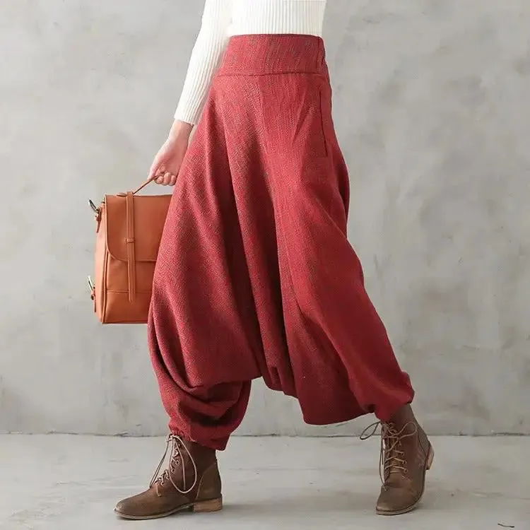 Bohemian Red Linen High Waisted Drop Baggy Harem Pants