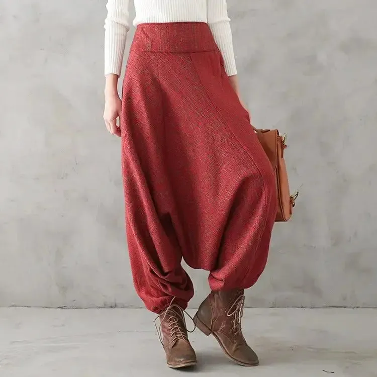 Bohemian Red Linen High Waisted Drop Baggy Harem Pants