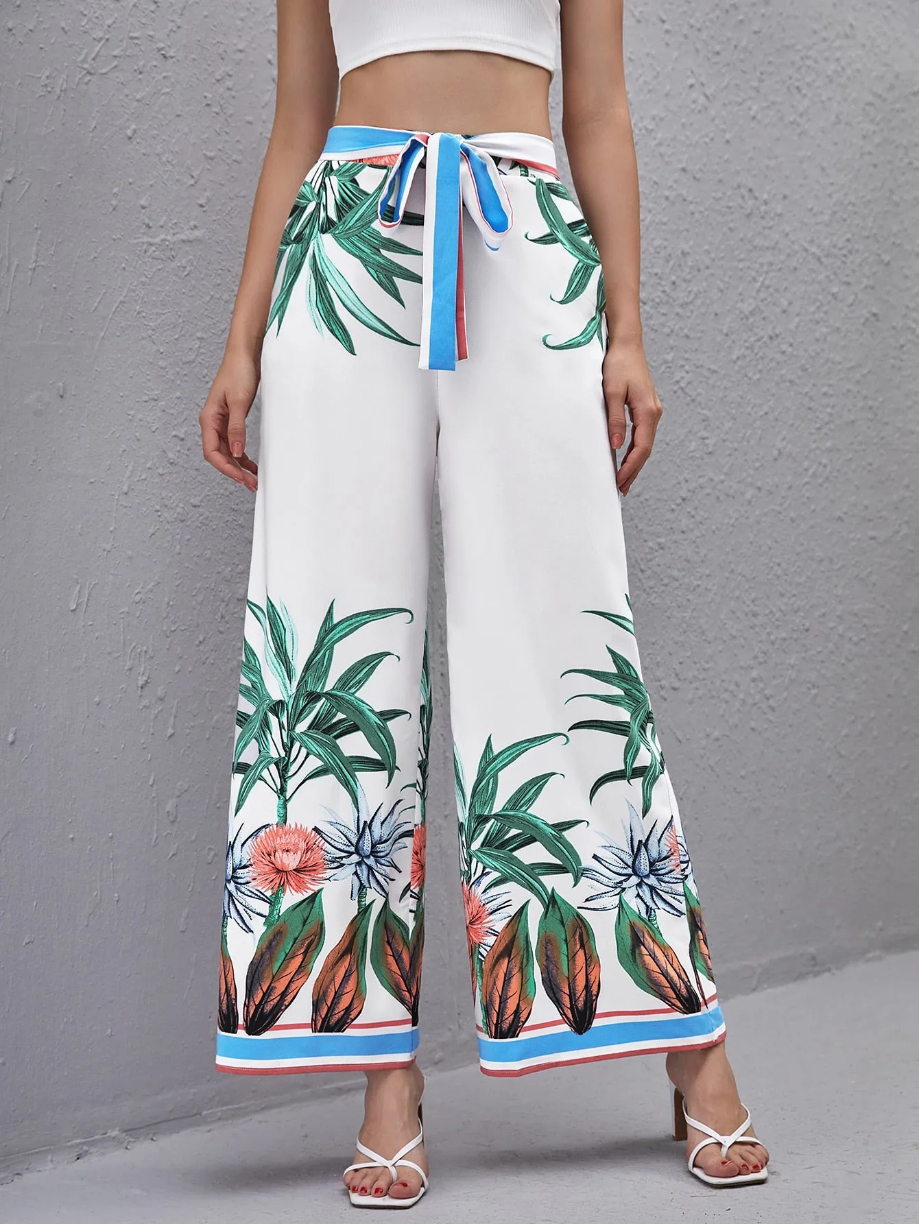 Boho Plants Pocket High Waist Long Women Pants