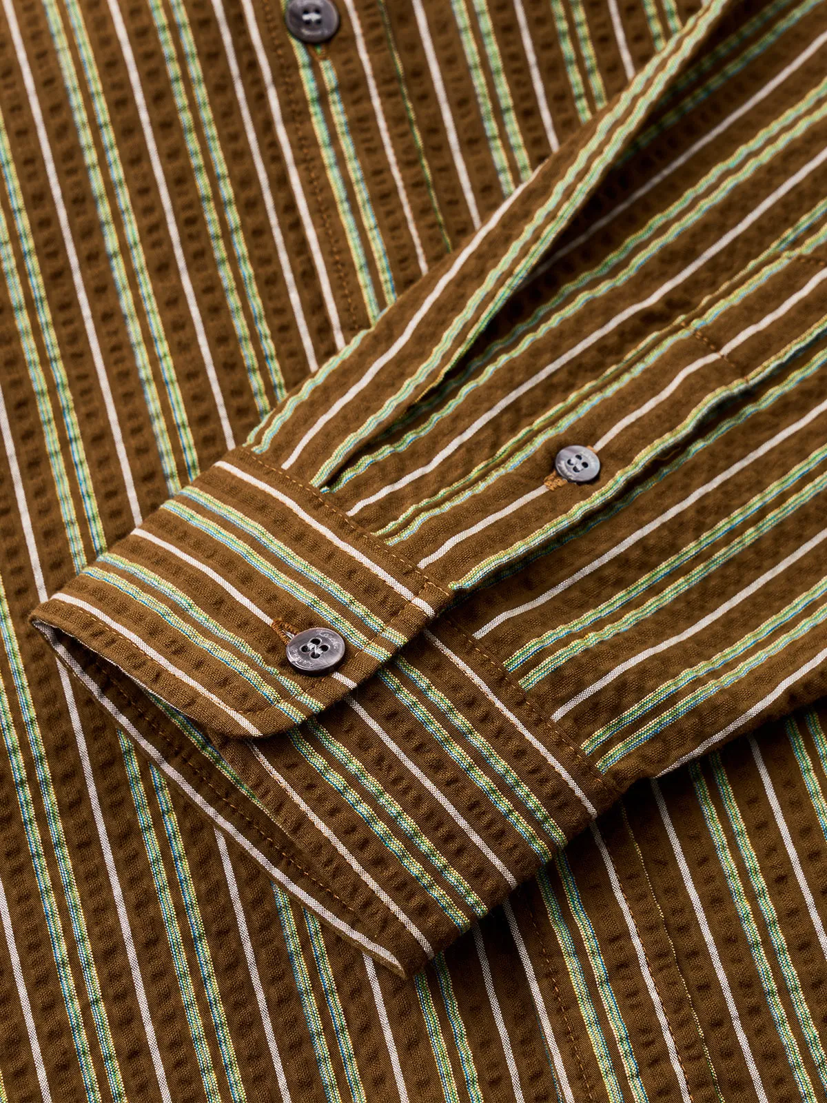 Brown Broad Stripe Cotton Seersucker Shirt