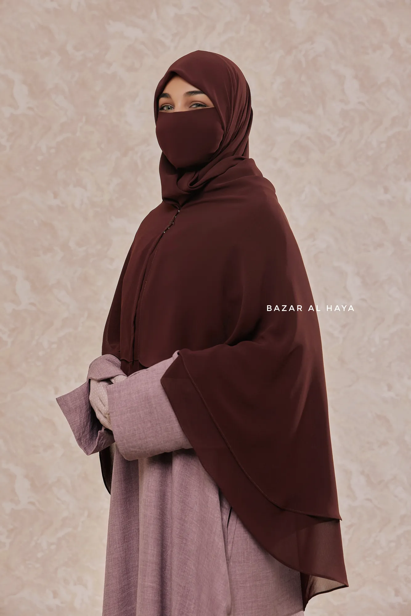 Brown Two Layer Medium Snap Scarf, Khimar, Cape - Super Soft - 3 in 1