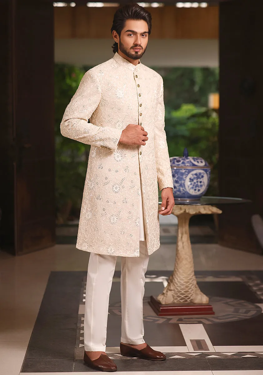 Classic Cream Cotton Net Traditional Embroidered Sherwani