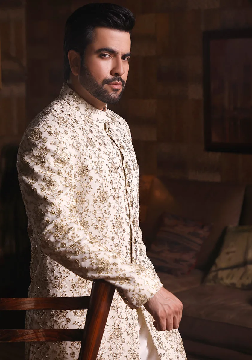 Classic Cream Cotton Net Traditional Embroidered Sherwani