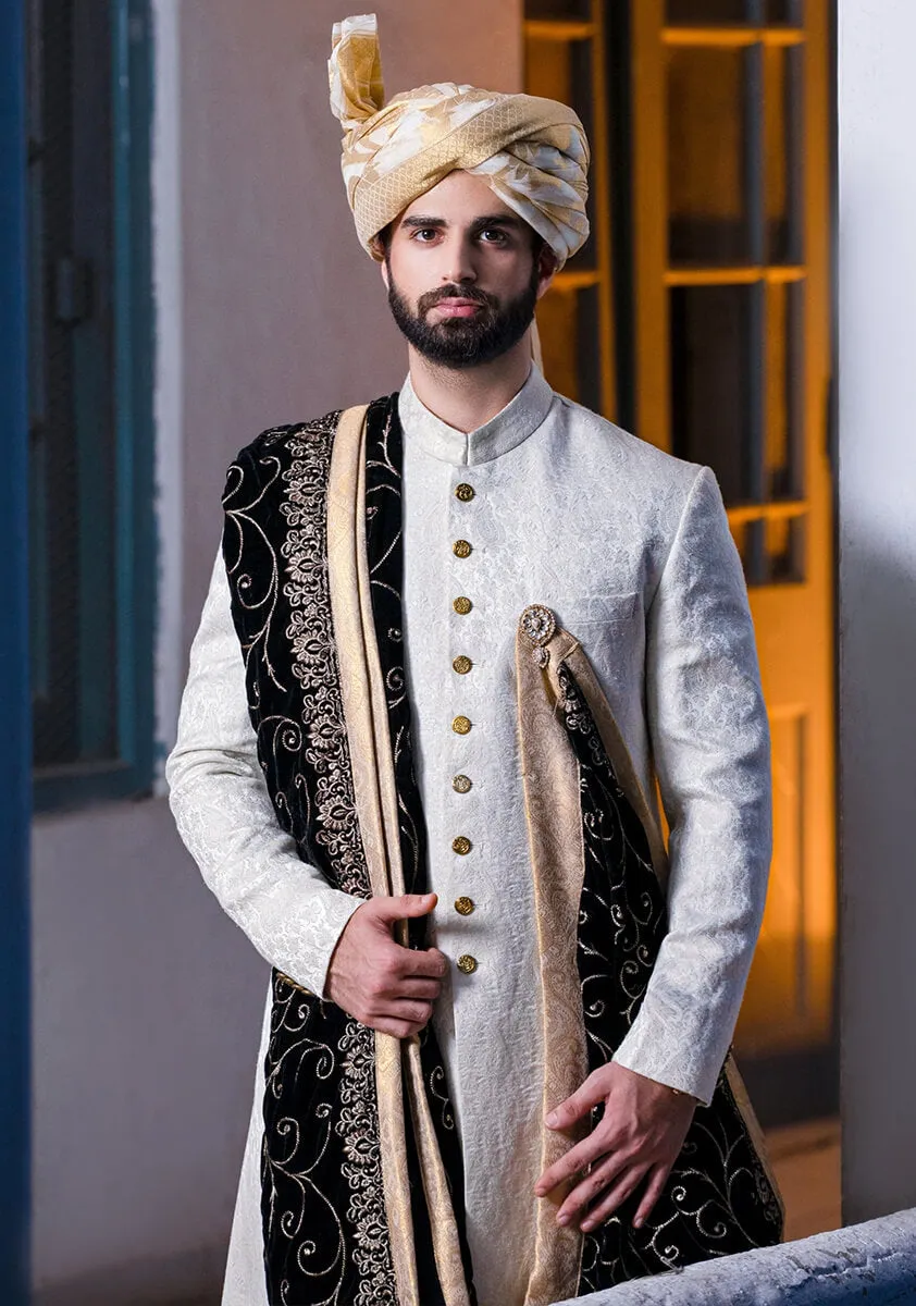 Classic Silver Karandi Traditional plain Sherwani