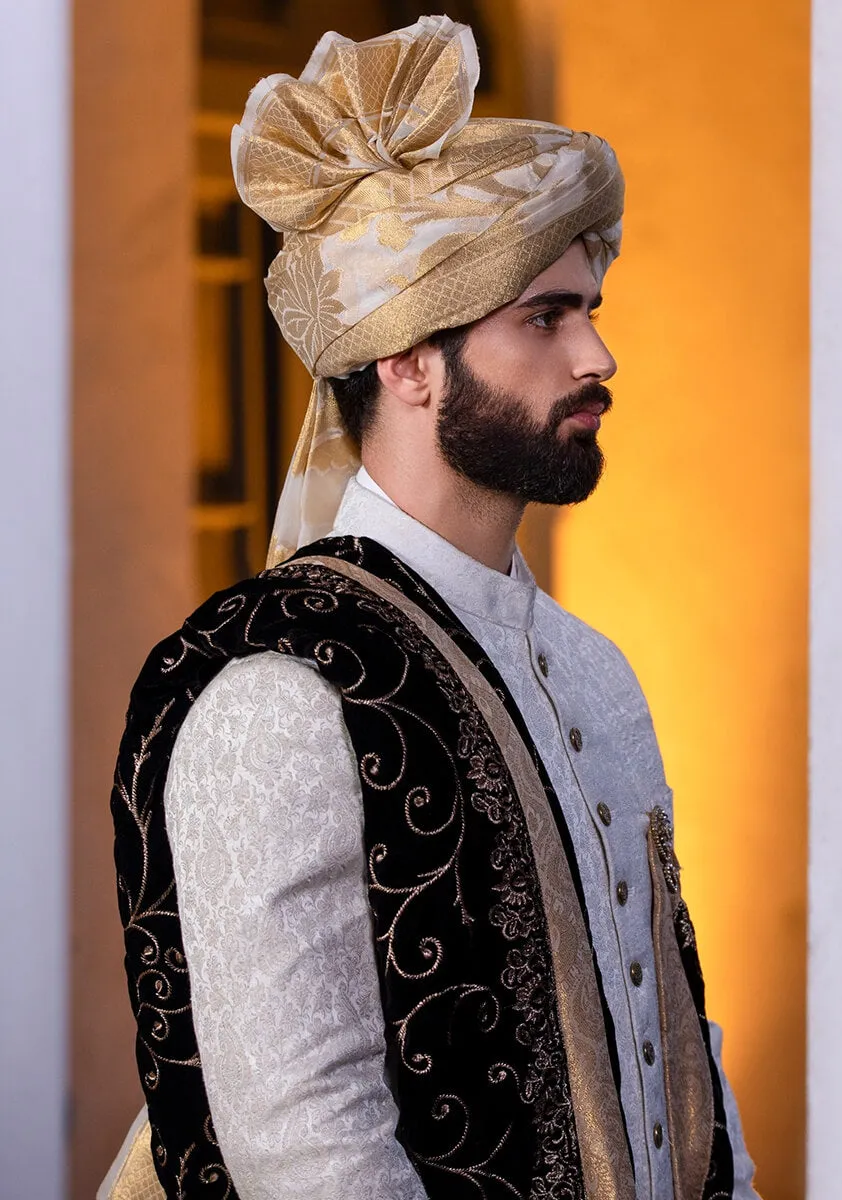 Classic Silver Karandi Traditional plain Sherwani