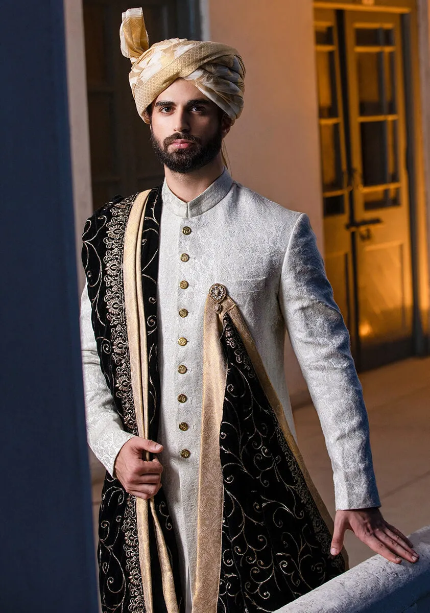 Classic Silver Karandi Traditional plain Sherwani