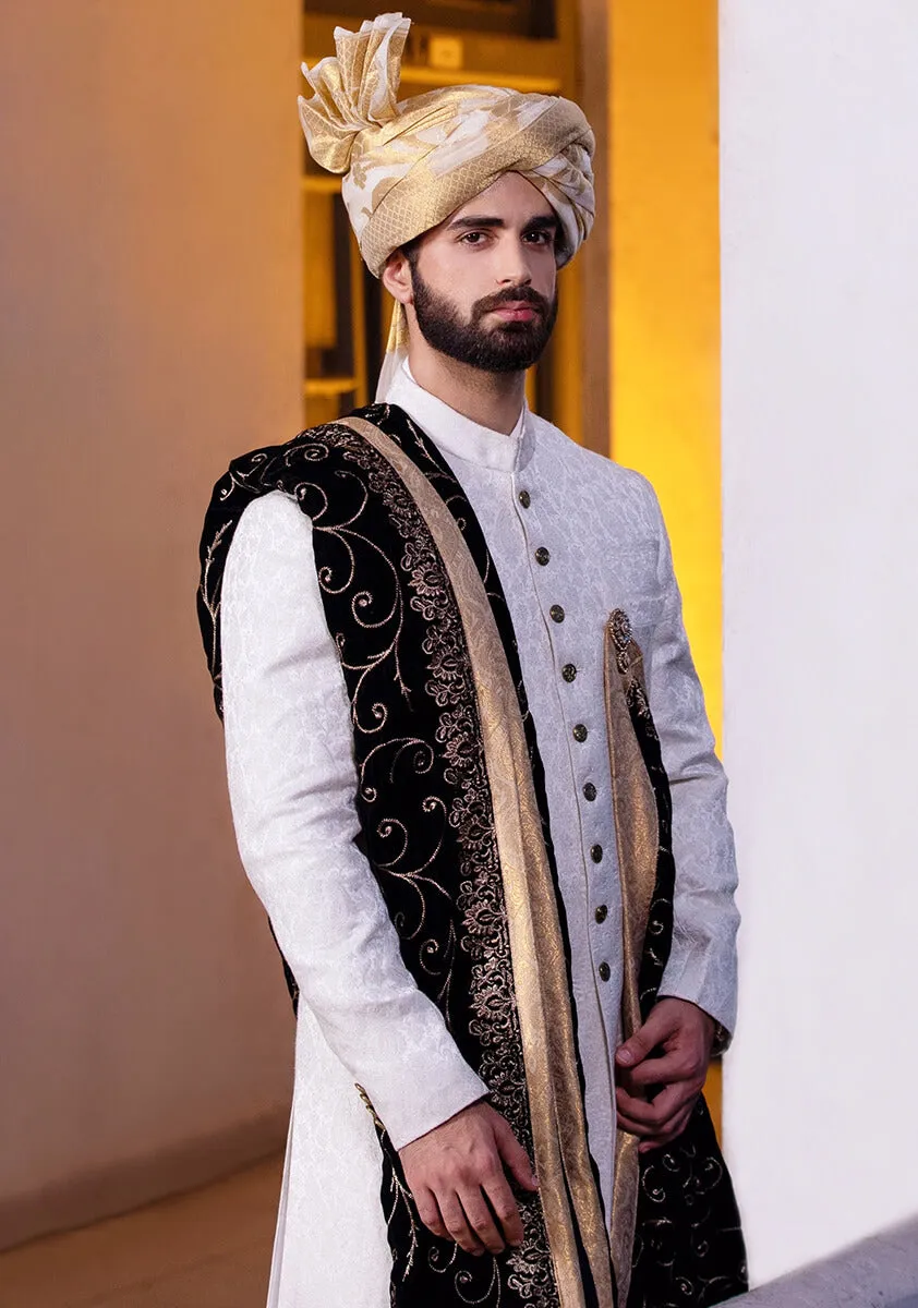 Classic Silver Karandi Traditional plain Sherwani