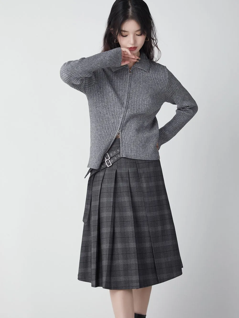 Collage-style Pleats Long Plaid Skirt