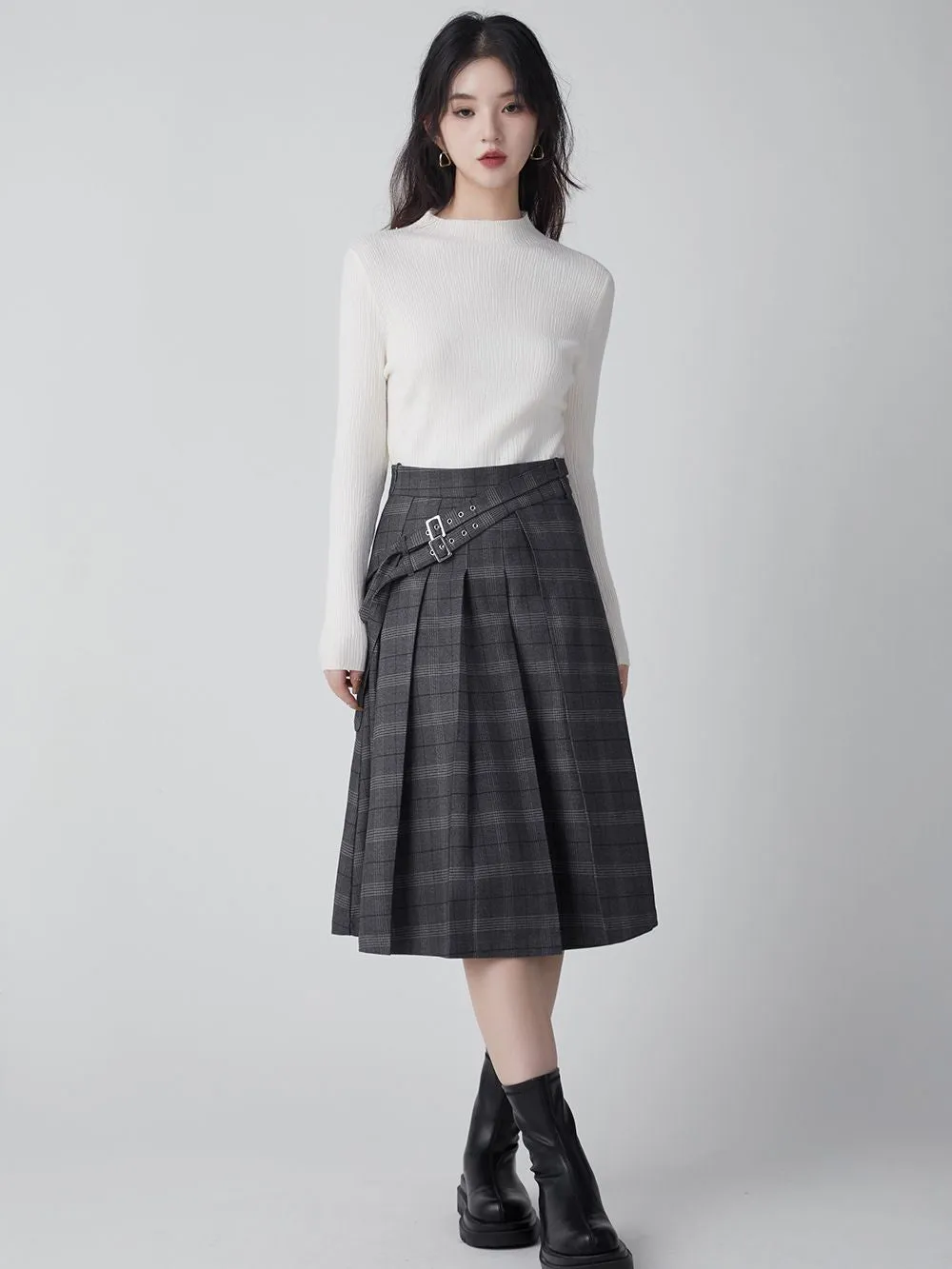 Collage-style Pleats Long Plaid Skirt